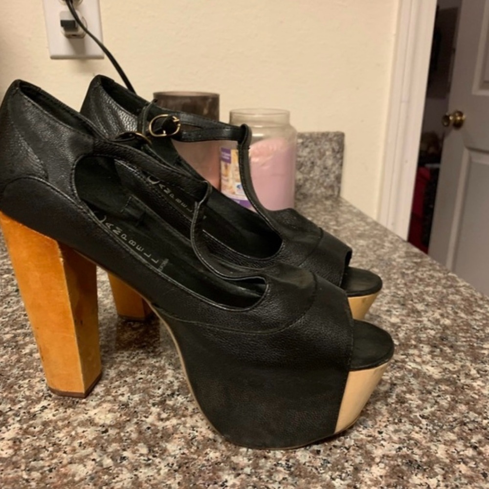 Black leather pre- owned Jeffrey Campbell platforms
